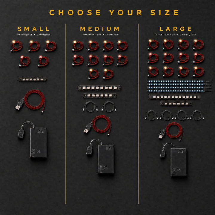 Custom Car Lighting Kit for LEGO® — Choose your size: Small, Medium and Large kit contents compared