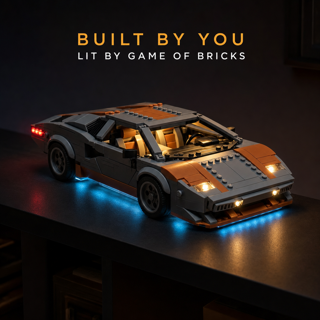Built by you, lit by Game of Bricks — finished custom car MOC with full show-car lighting