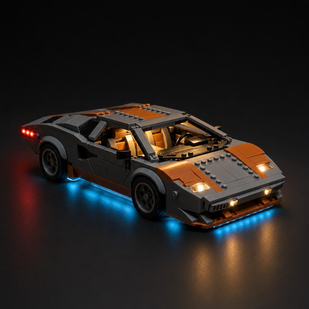 Custom car MOC fully lit — warm white headlights, red taillights, ice-blue underglow