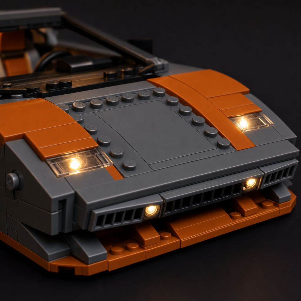 Headlight close-up — warm white point lights inside transparent bricks