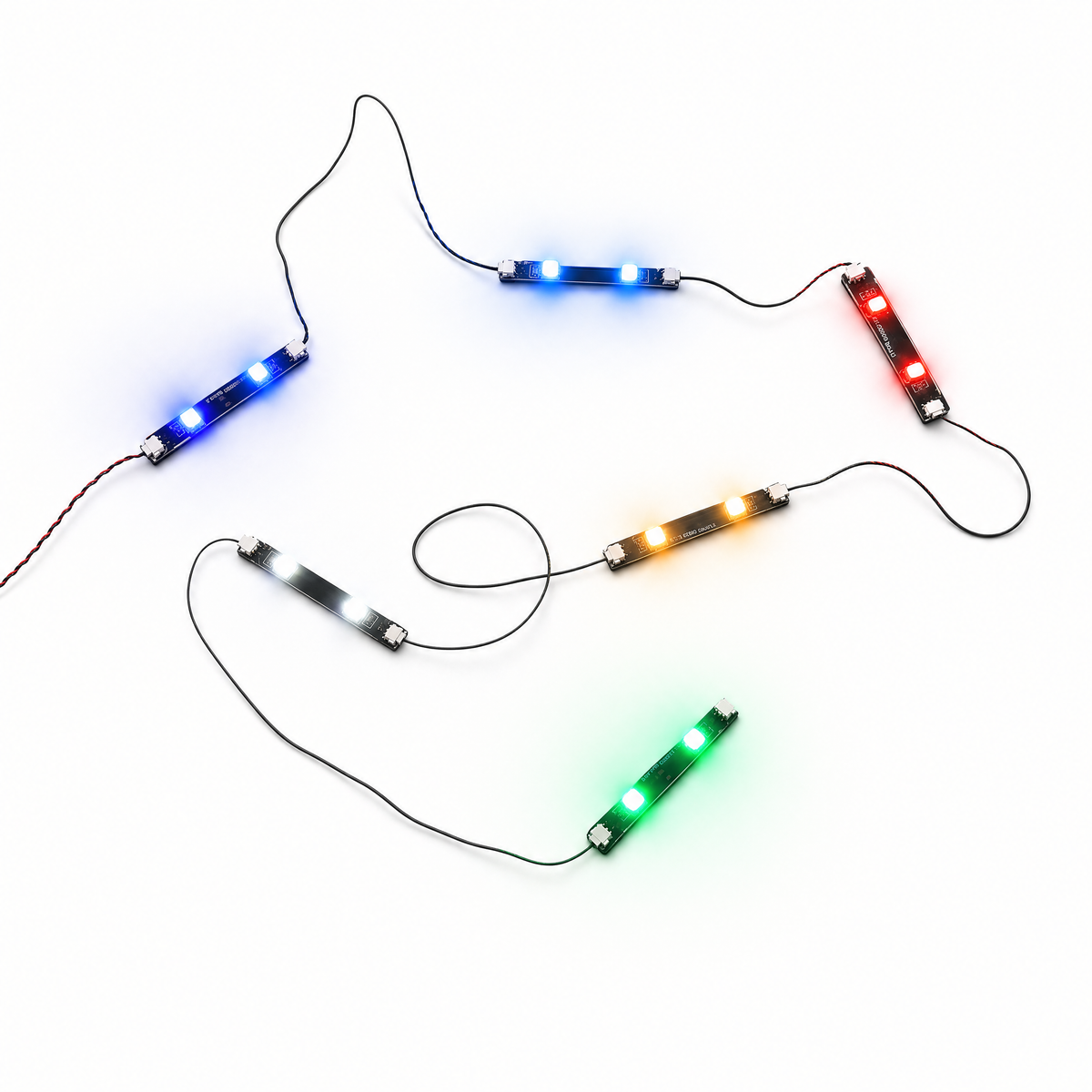 LED strip lights lit in colors on white background